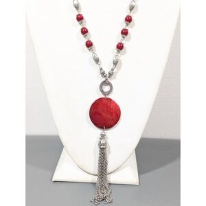 Ruby Rd Red Shell Disc Tassel Necklace Silver Tone Boho Western Long 34"